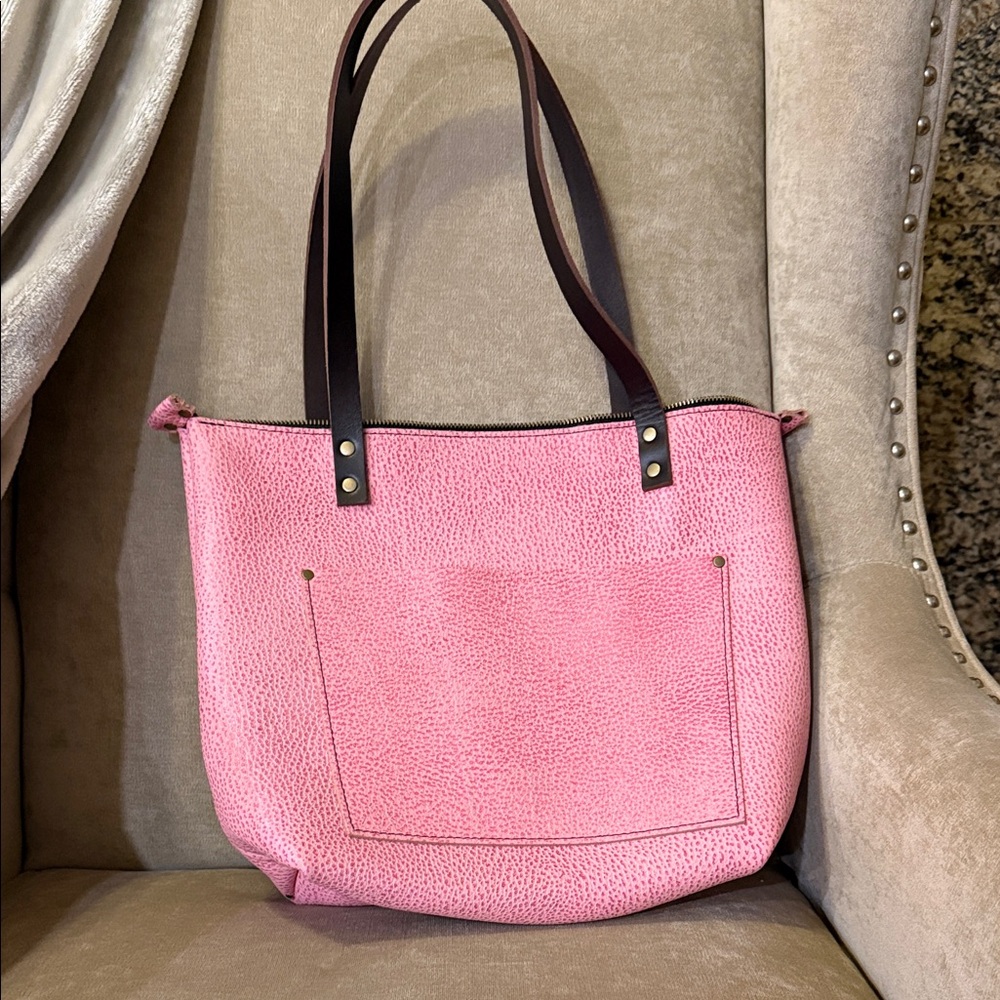 Portland Leather- Pink”Flamingo” Women's Tote Bag with Dark Handles